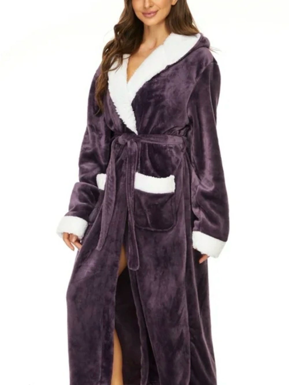 Plush Hooded Long Robe with Sherpa Trim - Purple